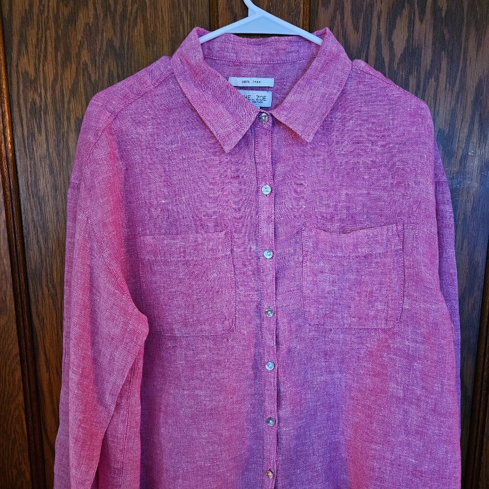 Rachel Zoe Linen Button Down Shirt Collared Lagenlook Artsy Relaxed Red Size L